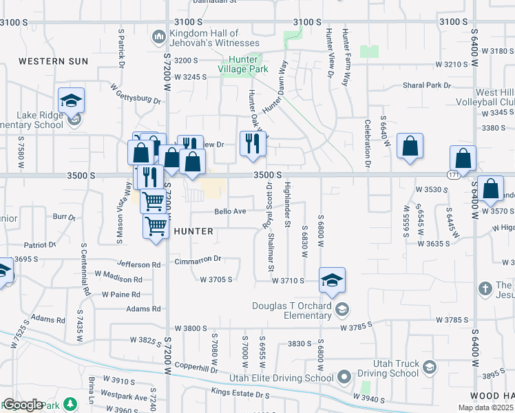map of restaurants, bars, coffee shops, grocery stores, and more near 6976 Bello Avenue in West Valley City