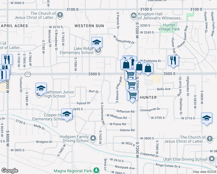 map of restaurants, bars, coffee shops, grocery stores, and more near 3560 Candis Drive in Magna