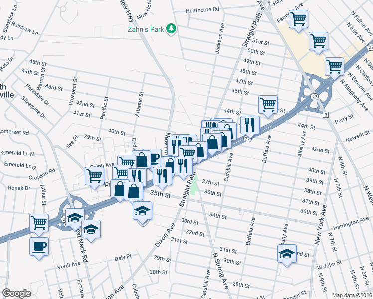 map of restaurants, bars, coffee shops, grocery stores, and more near 423 Ralph Avenue in Copiague