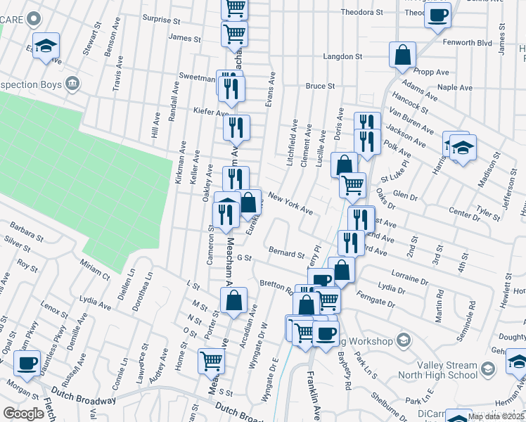 map of restaurants, bars, coffee shops, grocery stores, and more near 471 Eureka Avenue in Elmont