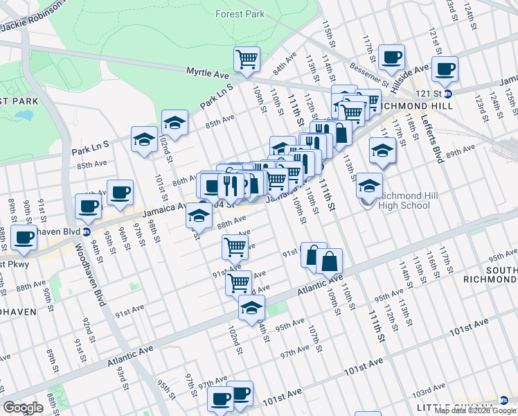 map of restaurants, bars, coffee shops, grocery stores, and more near 104-69 88th Avenue in Queens