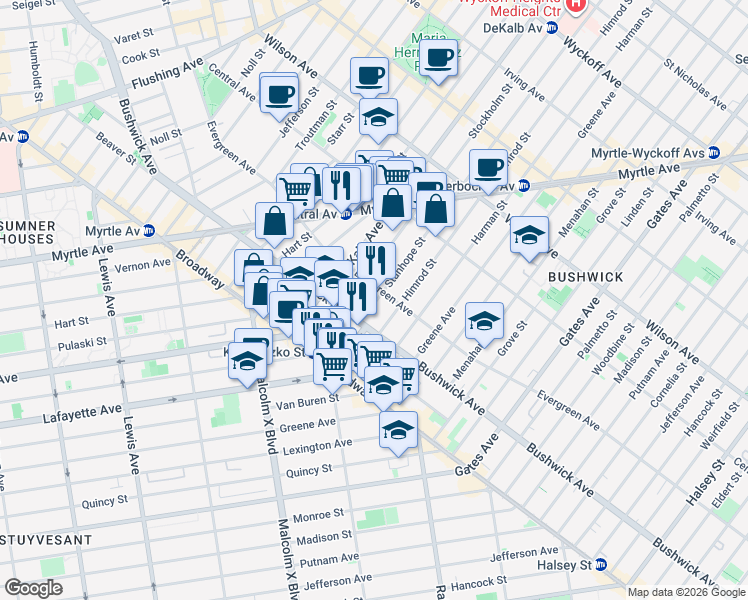 map of restaurants, bars, coffee shops, grocery stores, and more near 28 Stanhope Street in Brooklyn