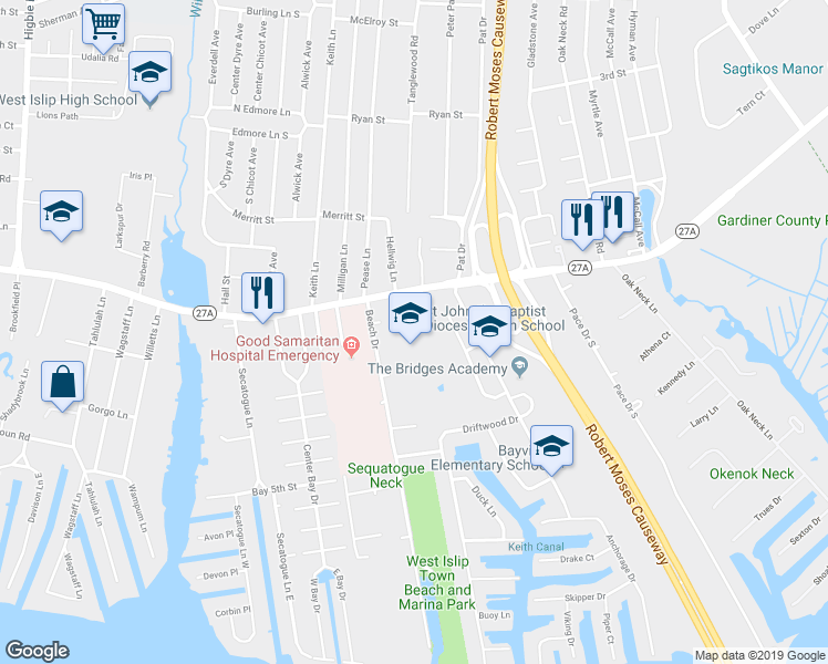 map of restaurants, bars, coffee shops, grocery stores, and more near 1170 Montauk Highway in West Islip