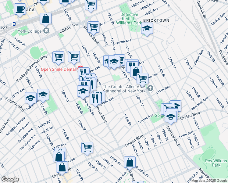 map of restaurants, bars, coffee shops, grocery stores, and more near 164-31 109th Drive in Queens