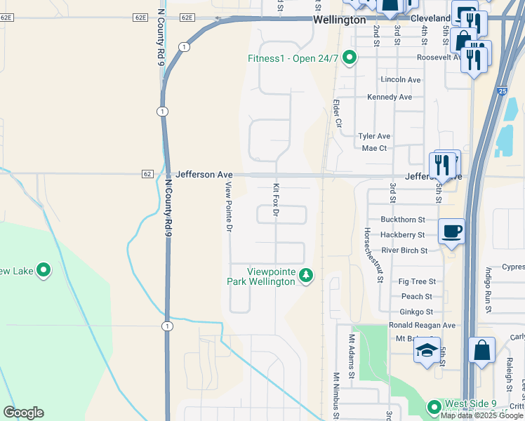 map of restaurants, bars, coffee shops, grocery stores, and more near 3441 Polk Circle West in Wellington