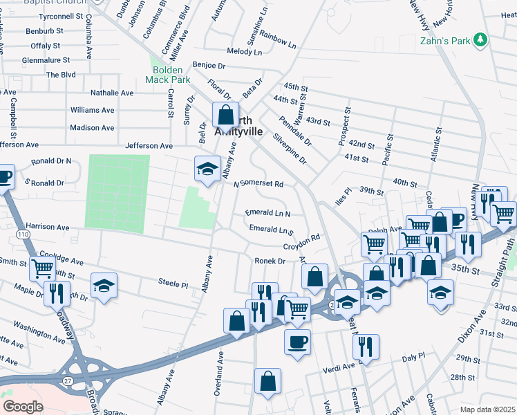 map of restaurants, bars, coffee shops, grocery stores, and more near 12 Emerald Ln N in Amityville