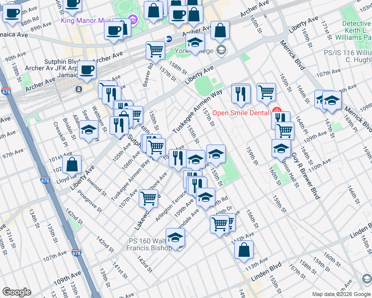 map of restaurants, bars, coffee shops, grocery stores, and more near 107-06 154th Street in Queens