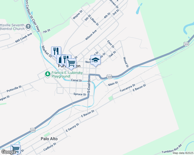 map of restaurants, bars, coffee shops, grocery stores, and more near 5 East Washington Street in Port Carbon
