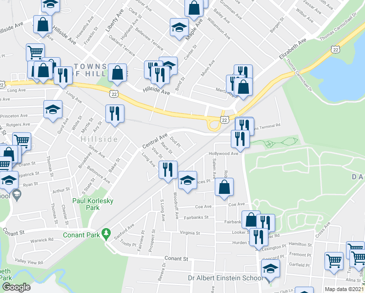 map of restaurants, bars, coffee shops, grocery stores, and more near 9 Dod Place in Hillside