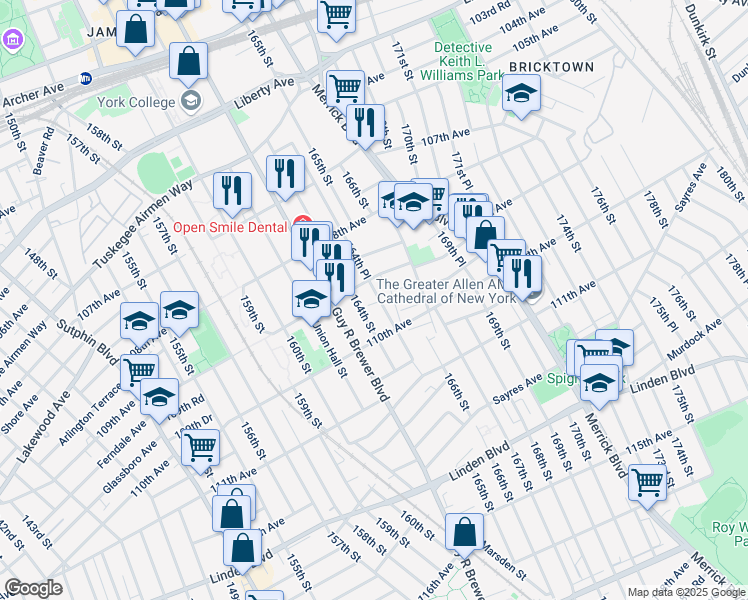 map of restaurants, bars, coffee shops, grocery stores, and more near 109-20 164th Place in Queens