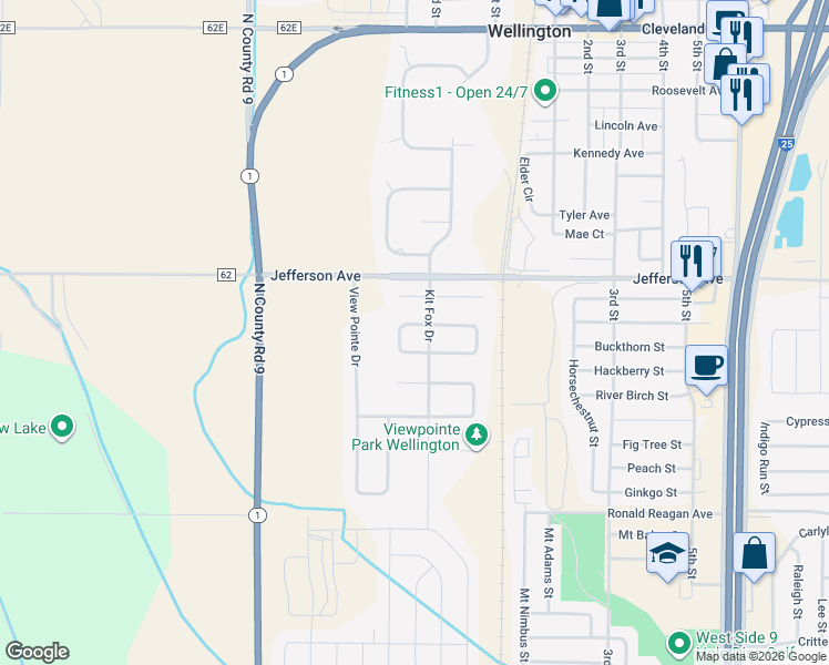 map of restaurants, bars, coffee shops, grocery stores, and more near 3445 Polk Circle West in Wellington