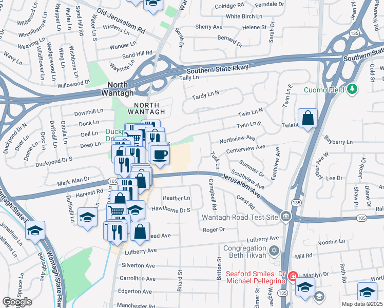 map of restaurants, bars, coffee shops, grocery stores, and more near 205 Poplar Court in Wantagh