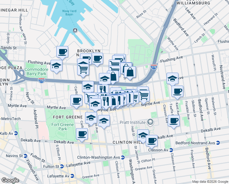 map of restaurants, bars, coffee shops, grocery stores, and more near 89-91 Waverly Avenue in Brooklyn