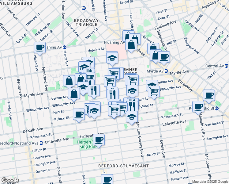 map of restaurants, bars, coffee shops, grocery stores, and more near 671 Willoughby Avenue in Brooklyn
