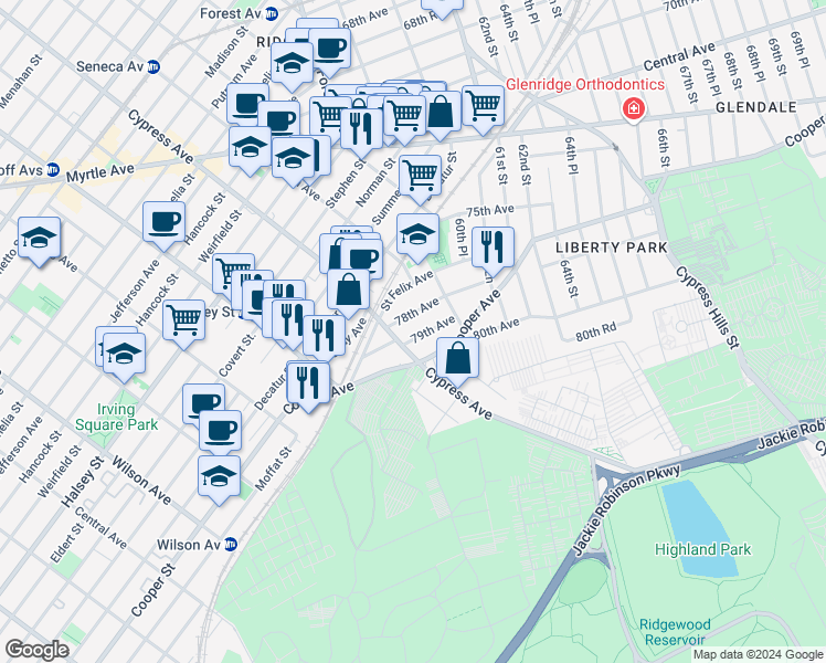 map of restaurants, bars, coffee shops, grocery stores, and more near 58-17 79th Avenue in Queens