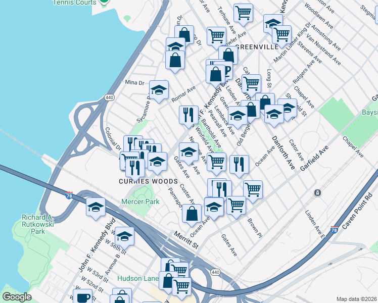map of restaurants, bars, coffee shops, grocery stores, and more near 213 Seaview Avenue in Jersey City