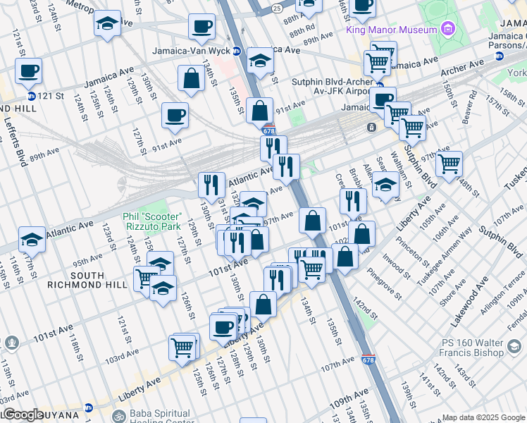 map of restaurants, bars, coffee shops, grocery stores, and more near 95-23 133rd Street in Queens