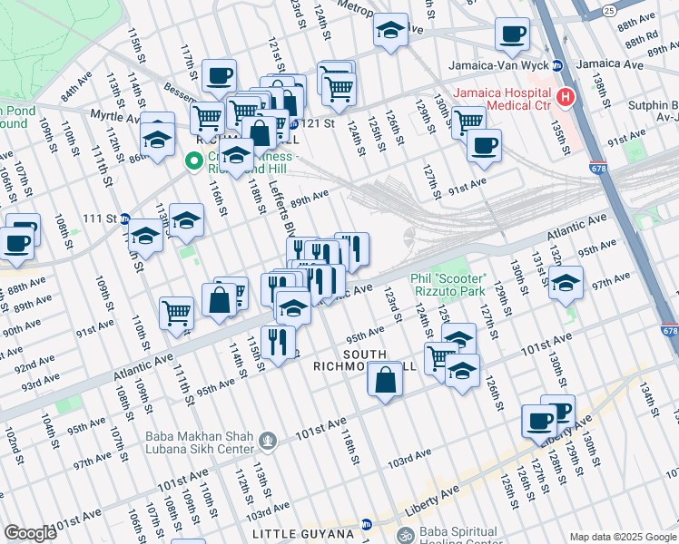 map of restaurants, bars, coffee shops, grocery stores, and more near 91-43 120th Street in Queens