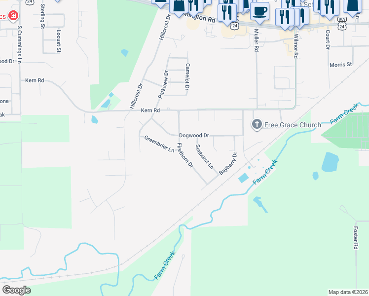 map of restaurants, bars, coffee shops, grocery stores, and more near 705 Firethorn Drive in Washington