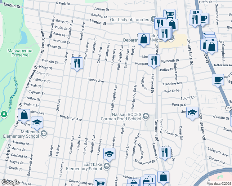map of restaurants, bars, coffee shops, grocery stores, and more near 375 Philadelphia Avenue in Massapequa Park