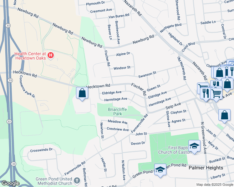 map of restaurants, bars, coffee shops, grocery stores, and more near 3028 Eldridge Avenue in Easton