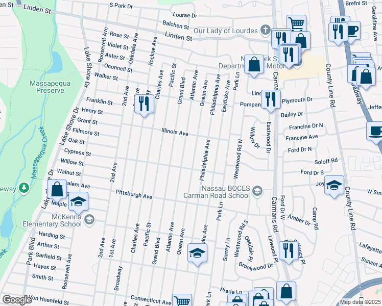 map of restaurants, bars, coffee shops, grocery stores, and more near 372 Ocean Ave in Massapequa Park