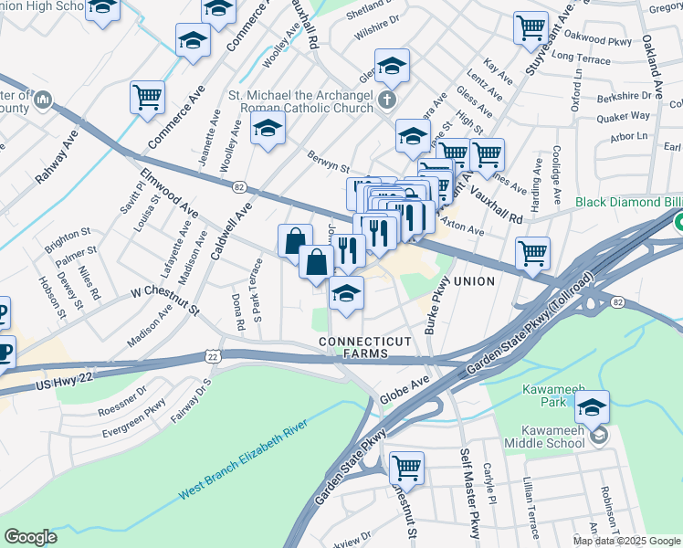 map of restaurants, bars, coffee shops, grocery stores, and more near 930 Stuyvesant Avenue in Union
