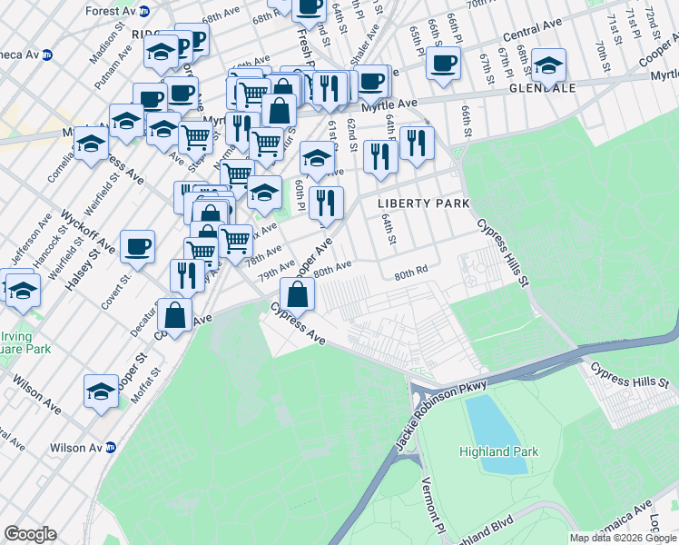 map of restaurants, bars, coffee shops, grocery stores, and more near 60-48 80th Avenue in Queens