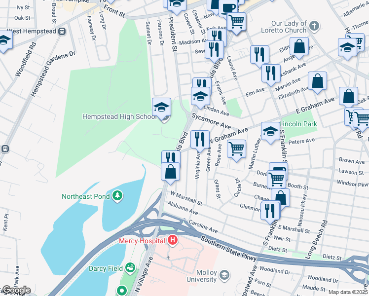 map of restaurants, bars, coffee shops, grocery stores, and more near 193 West Graham Avenue in Hempstead