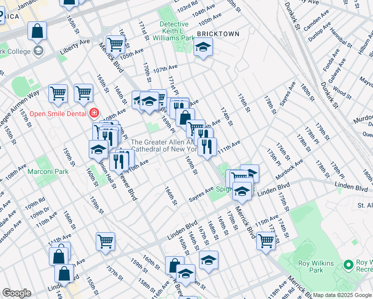 map of restaurants, bars, coffee shops, grocery stores, and more near 110-19 169th Street in Queens