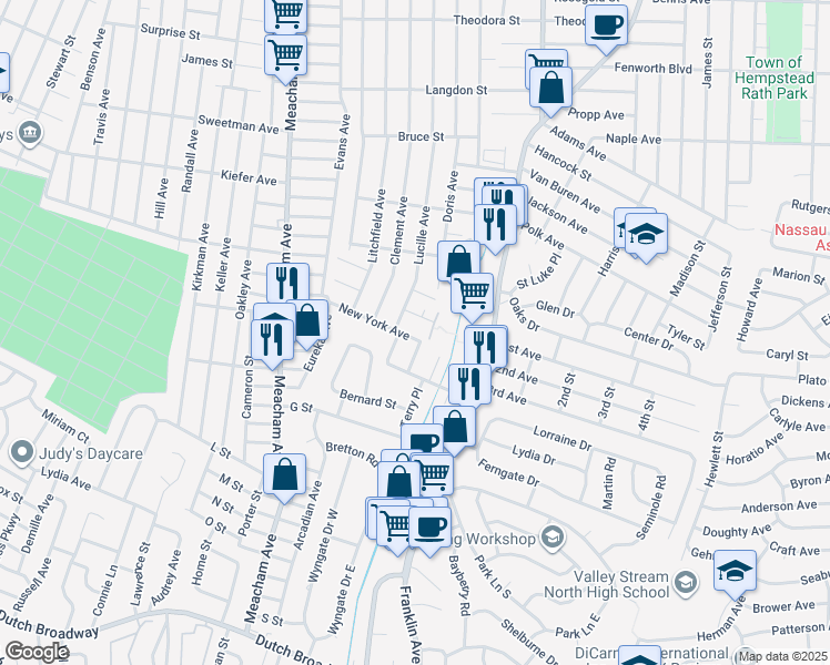 map of restaurants, bars, coffee shops, grocery stores, and more near 1194 New York Avenue in Franklin Square