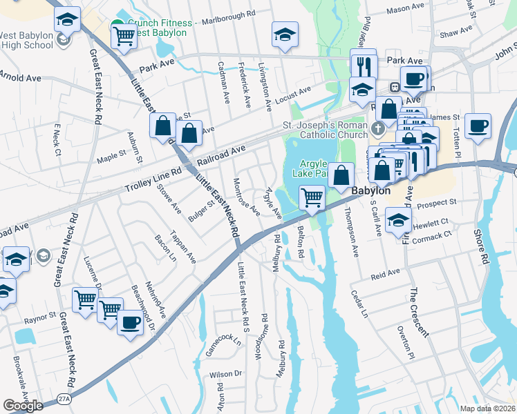 map of restaurants, bars, coffee shops, grocery stores, and more near 29 Douglas Avenue in Babylon