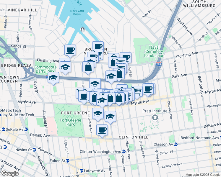 map of restaurants, bars, coffee shops, grocery stores, and more near 86 Clinton Avenue in Brooklyn