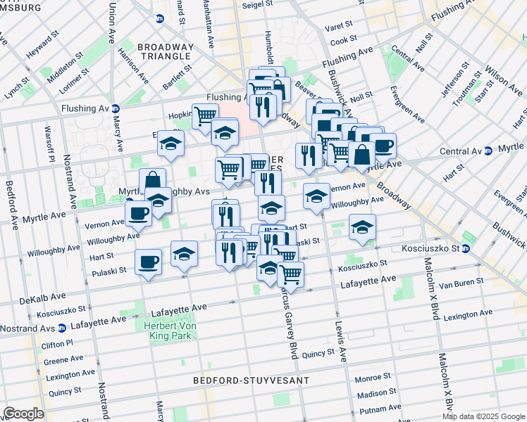 map of restaurants, bars, coffee shops, grocery stores, and more near 701 Willoughby Avenue in Brooklyn