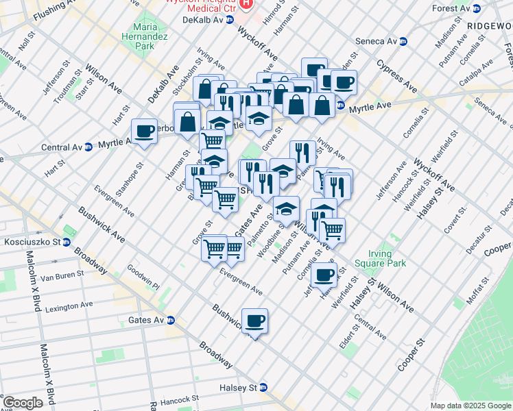 map of restaurants, bars, coffee shops, grocery stores, and more near 1329 Gates Avenue in Brooklyn