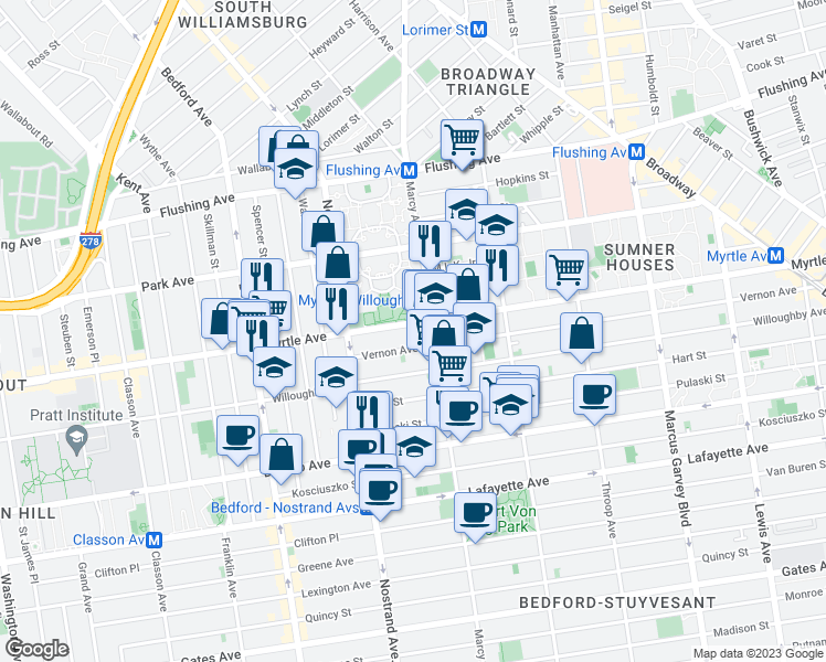 map of restaurants, bars, coffee shops, grocery stores, and more near 806 Myrtle Avenue in Brooklyn