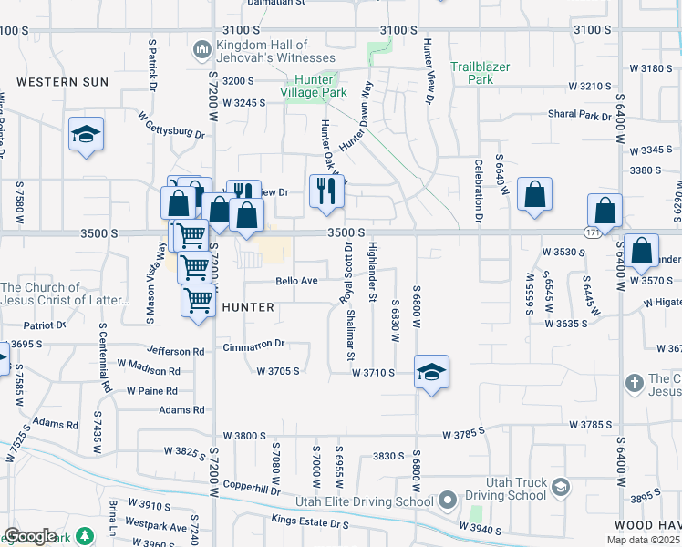 map of restaurants, bars, coffee shops, grocery stores, and more near 6948 Bello Avenue in Salt Lake City