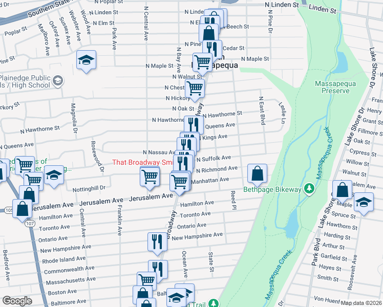map of restaurants, bars, coffee shops, grocery stores, and more near 836 North Broadway in North Massapequa