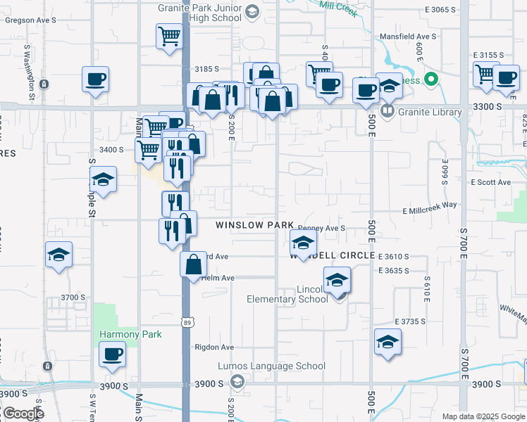 map of restaurants, bars, coffee shops, grocery stores, and more near 3510 South 300 East in South Salt Lake