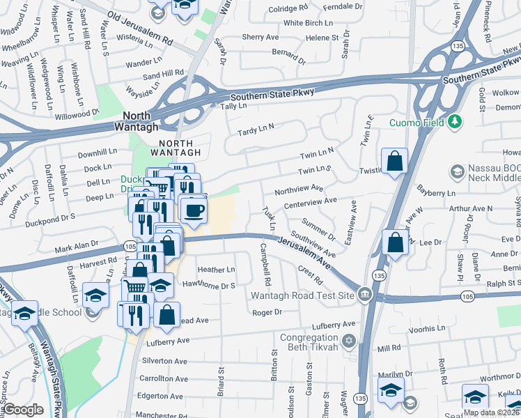 map of restaurants, bars, coffee shops, grocery stores, and more near 3491 Spring Lane in Wantagh
