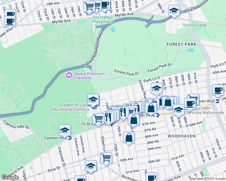 map of restaurants, bars, coffee shops, grocery stores, and more near 76-20 Park Lane South in Queens