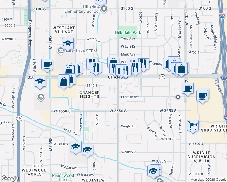 map of restaurants, bars, coffee shops, grocery stores, and more near 3566 South Linder Court in West Valley City