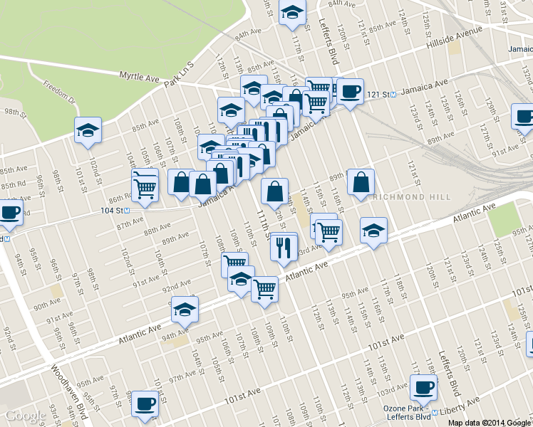 map of restaurants, bars, coffee shops, grocery stores, and more near 87-71 111th Street in Queens