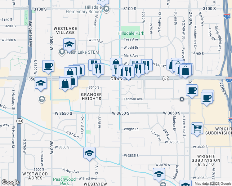 map of restaurants, bars, coffee shops, grocery stores, and more near 3566 South Linder Court in West Valley City