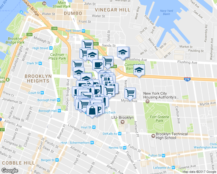map of restaurants, bars, coffee shops, grocery stores, and more near 171 Johnson Street in Brooklyn