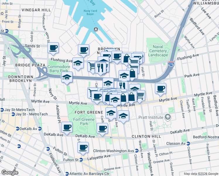 map of restaurants, bars, coffee shops, grocery stores, and more near 89 Clermont Avenue in Brooklyn