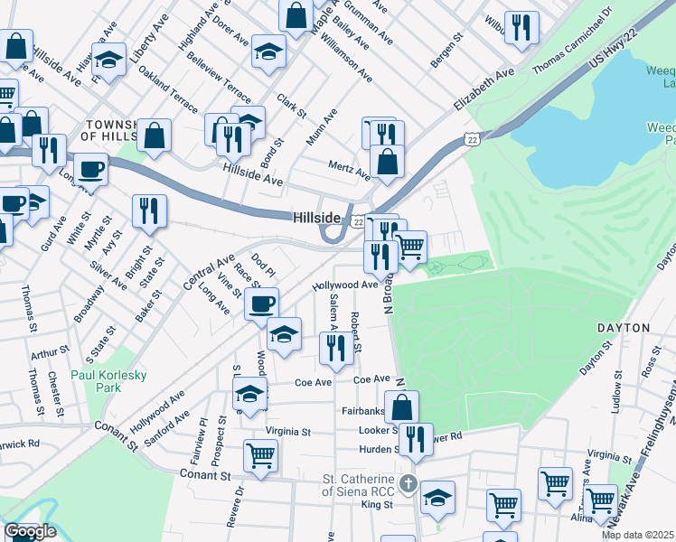 map of restaurants, bars, coffee shops, grocery stores, and more near 64 Ridgeway Avenue in Hillside