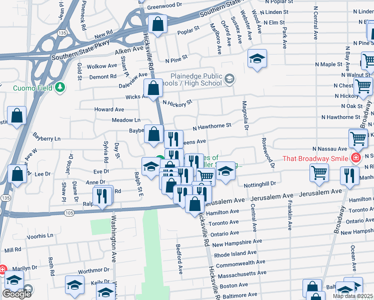 map of restaurants, bars, coffee shops, grocery stores, and more near 4 Frank Court in Massapequa