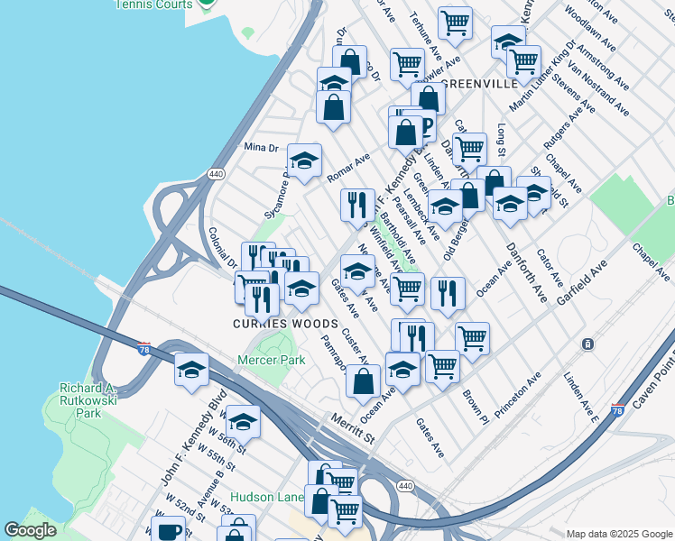 map of restaurants, bars, coffee shops, grocery stores, and more near 213 Seaview Avenue in Jersey City