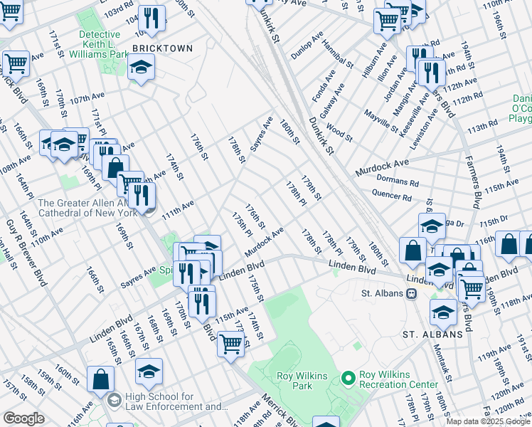 map of restaurants, bars, coffee shops, grocery stores, and more near 112-24 177th St in Queens